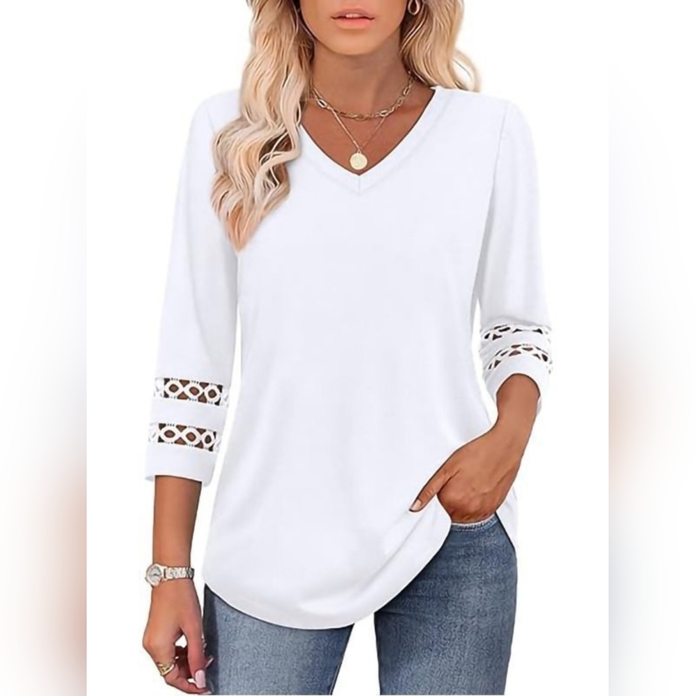 Women's Full Size White V-Neck Top with Lace Sleeves - Picture 2 of 7
